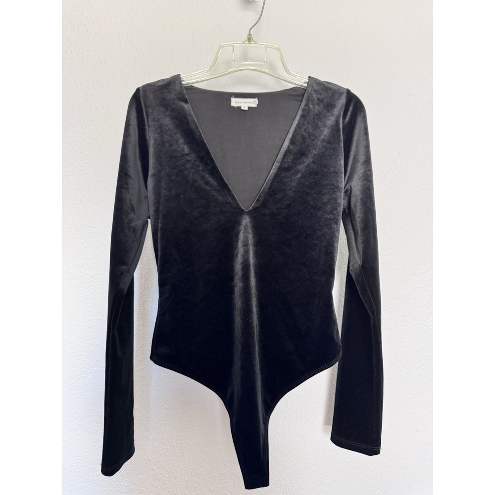 Good American‎ Black Velvet Long Sleeve Deep V Bodysuit Size 2 Stretch Luxe Glam